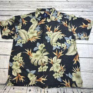 Caribbean Joe Shirt Mens XL 100% Silk Blue Floral Hawaiian Wooden Button…